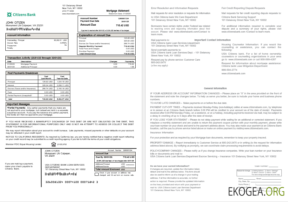 Relevé d'hypothèque bancaire des citoyens américains aux formats Word et PDF